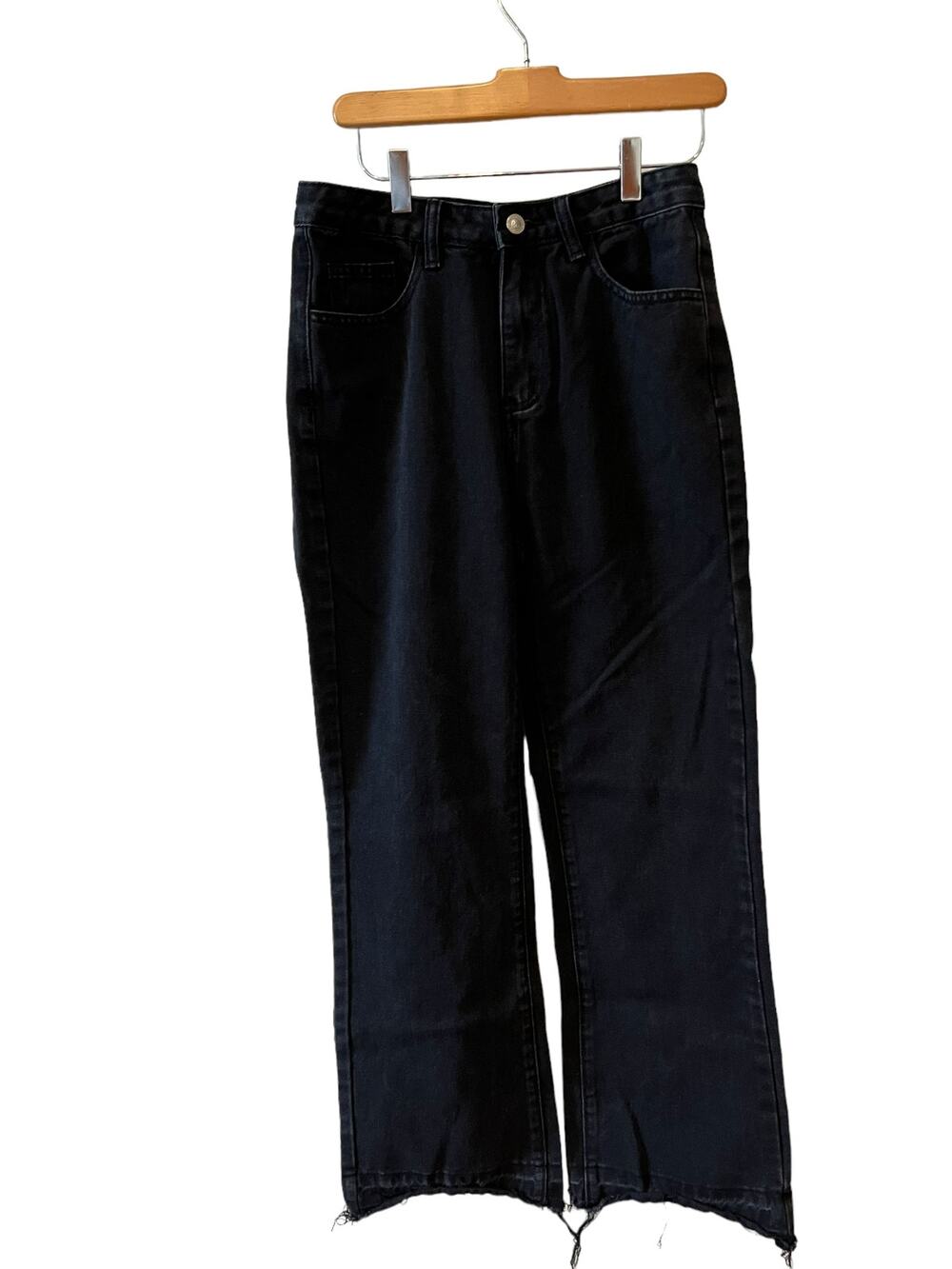 Princess Polly High Waisted Wide Leg Frayed Hem Jeans Black 4